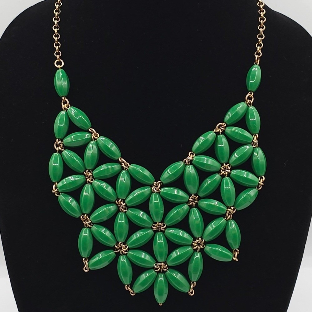 J.Crew Green Statement Necklace Beaded Bib Gold Tone Chain 20-22" Geometric